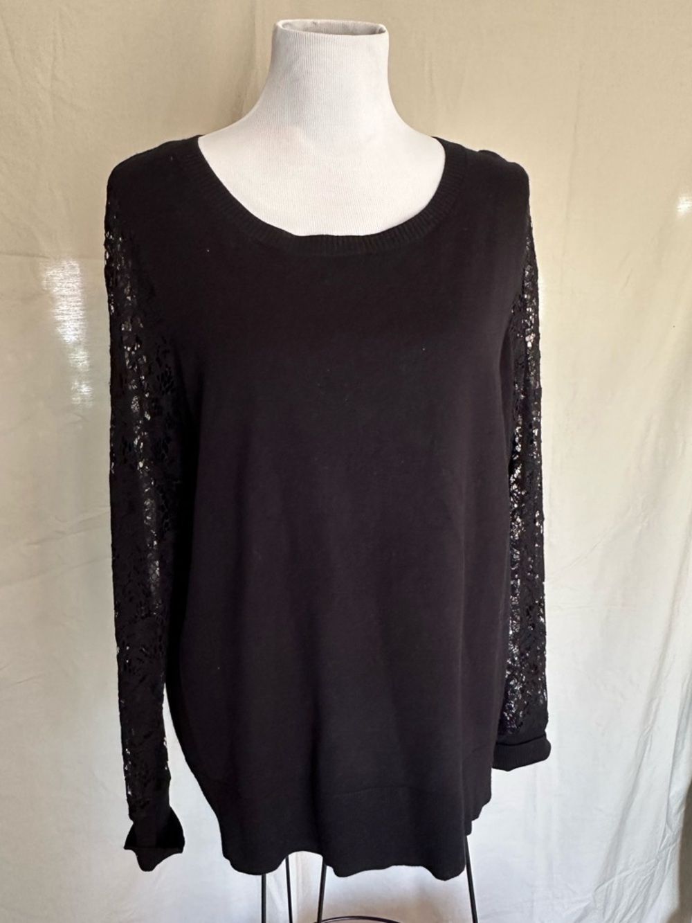Fever Black Lace-Sleeve Scoop Neck Sweater knit sweater large long-sleeve